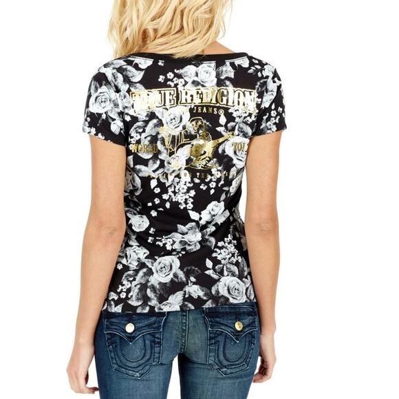 True Religion Dark Floral Foil Classic Rounded V-Neck Tee Size XL - Picture 2 of 6